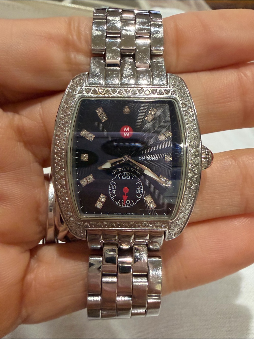 Michele Diamond-Set Stainless Steel Tonneau Watch — Black Dial - Picture 6 of 13